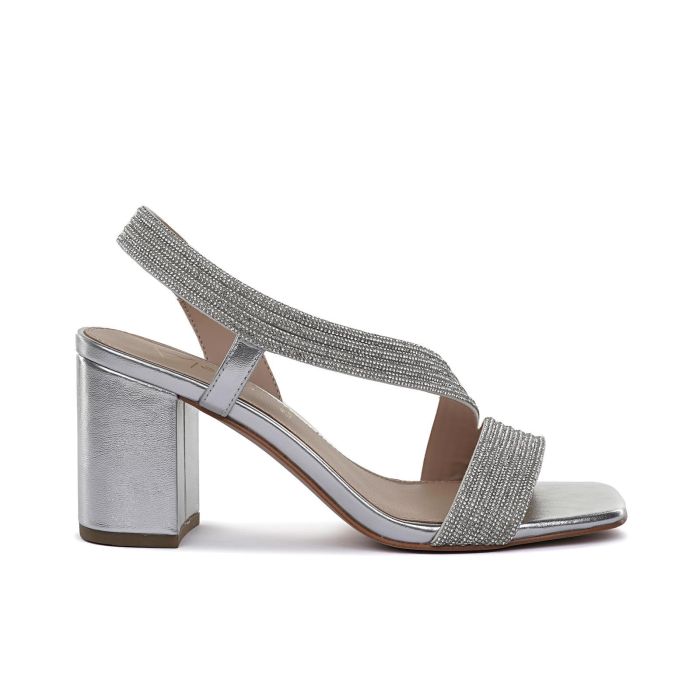 Sandali argento con tacco alto largo e fascia con strass