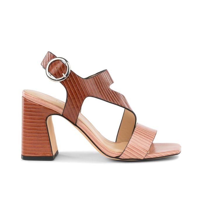 Sandali marroni da donna con tacco alto largo e fibbia