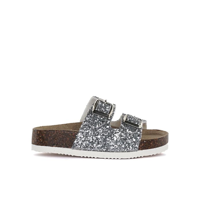 Sandali argento glitter da bimba con fondo effetto sughero