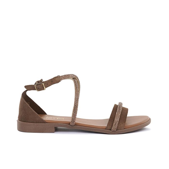 Sandali bassi marroni da donna con cinturini a incrocio e strass
