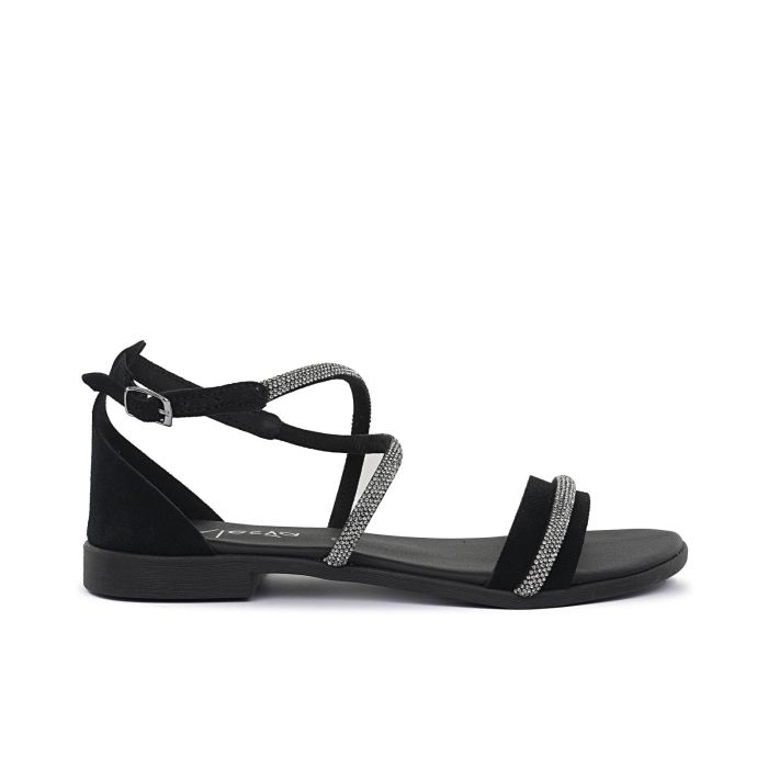 Sandali bassi neri da donna con cinturini a incrocio e strass