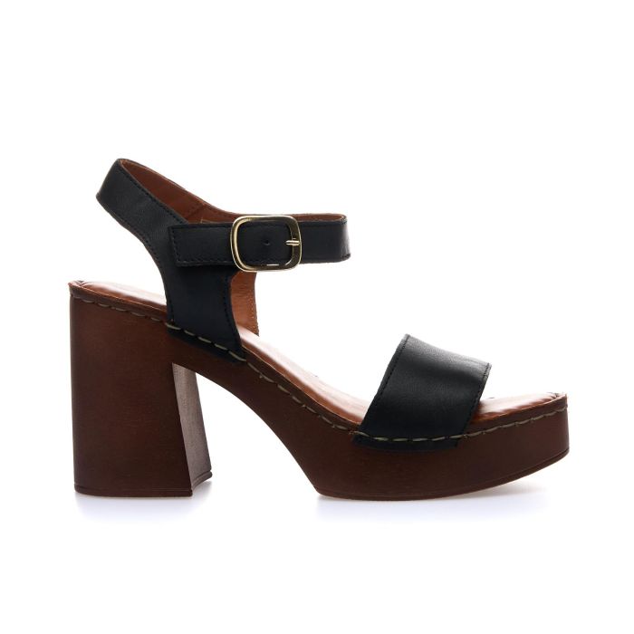 Zoccoli neri in pelle con tacco plateau e cinturino