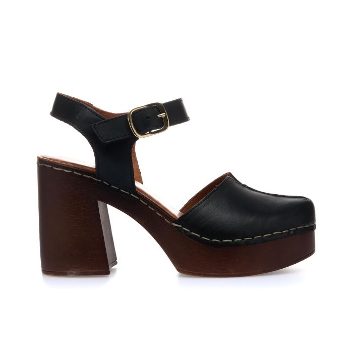 Zoccoli neri chiusi in pelle con tacco e plateau