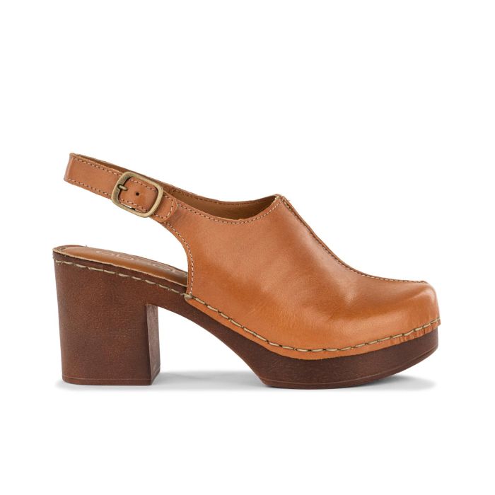 Zoccoli con tacco e plateau marroni in pelle da donna
