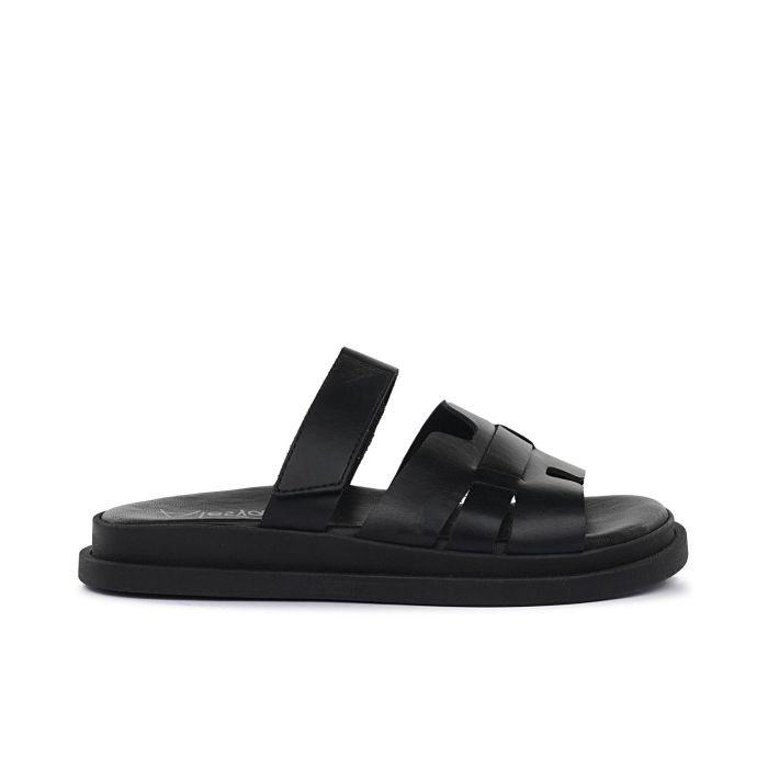 Sandali bassi neri da donna in pelle con fibbie e velcro