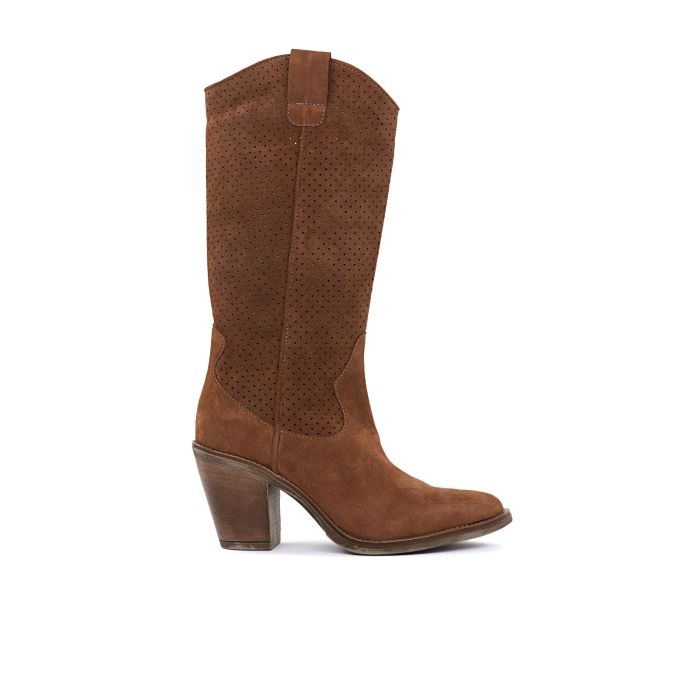 Stivali texani marroni in pelle con tacco e gambale traforato