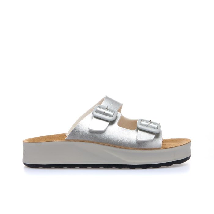 Ciabatte casual argento con doppia fibbia e suola platform