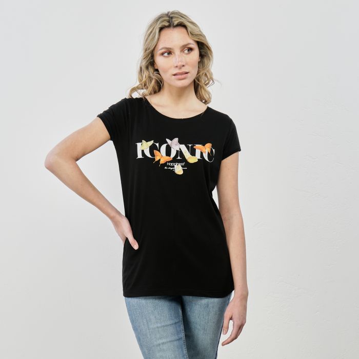 T-shirt nera maniche corte con stampa con farfalle