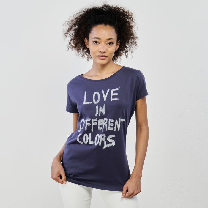 T-shirt blu maniche corte con maxi scritta