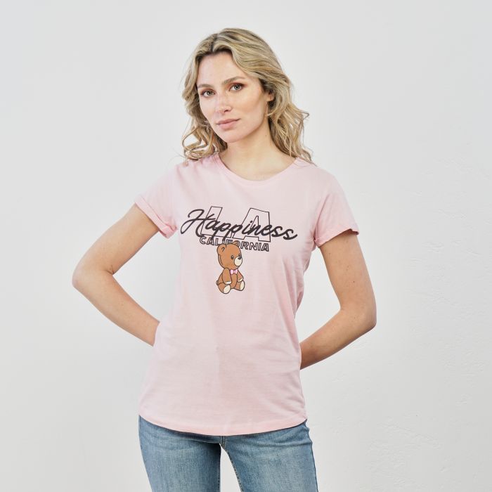 T-shirt rosa maniche corte con stampa orsetto