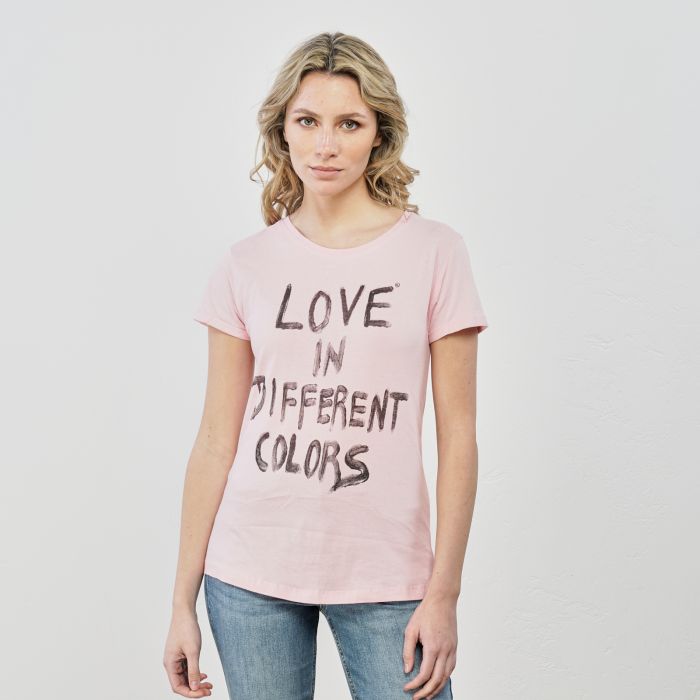 T-shirt rosa con maniche corte e stampa
