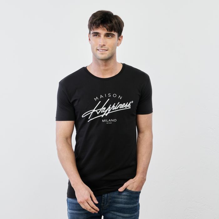 T-shirt nera in cotone maniche corte con stampa