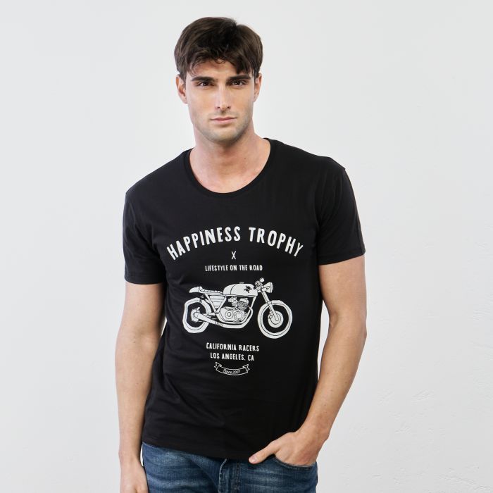 T-shirt nera in cotone con maniche corte e stampa moto
