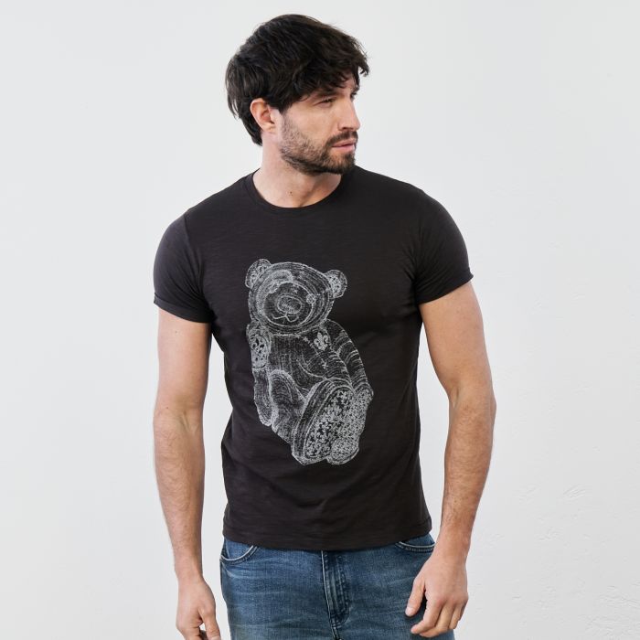 T-shirt nera in cotone con maniche corte e stampa orsetto