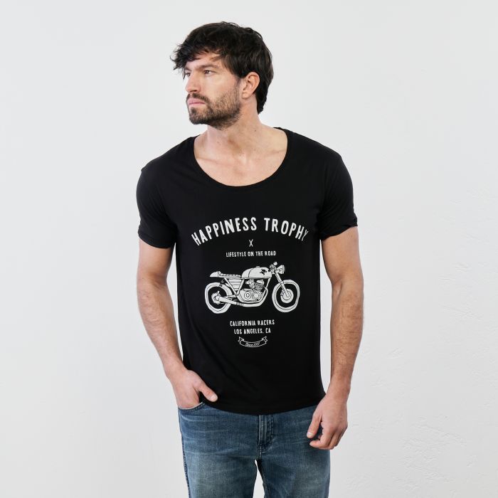 T-shirt nera scollo tondo con maniche corte e stampa moto