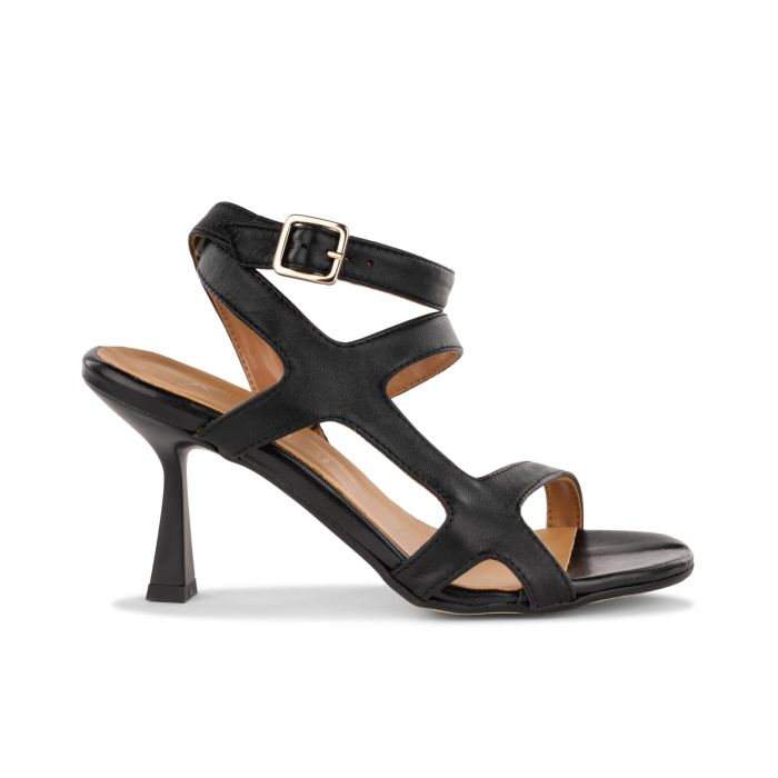 Sandali con tacco neri in pelle con cinturino da donna