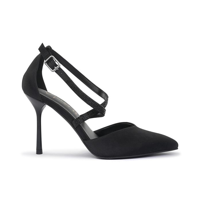 Decolletè nere a punta con tacco alto e cinturini a incrocio con strass