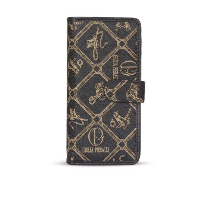 Portafoglio continental nero con stampa loghi oro e bottone