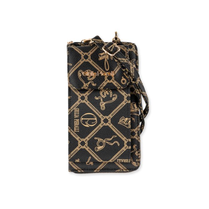 Pochette portafoglio nera da donna con stampa multi logo e laccetto