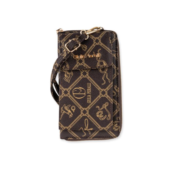 Pochette portafoglio marrone da donna con stampa multi logo e laccetto