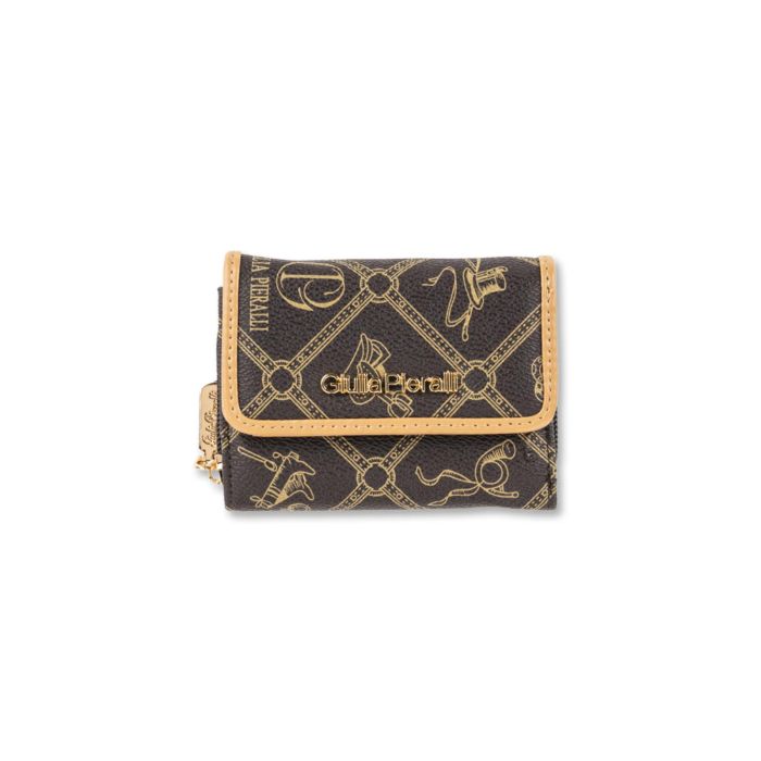 Portafoglio donna marrone multi logo con patta e zip
