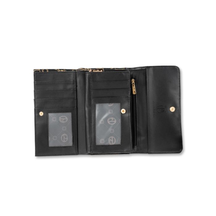 Portafoglio orizzontale nero da donna in stampa multi logo con patta