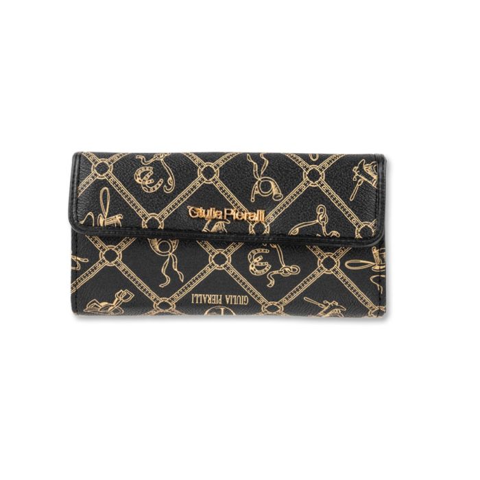 Portafoglio orizzontale nero da donna con patta e stampa multi logo