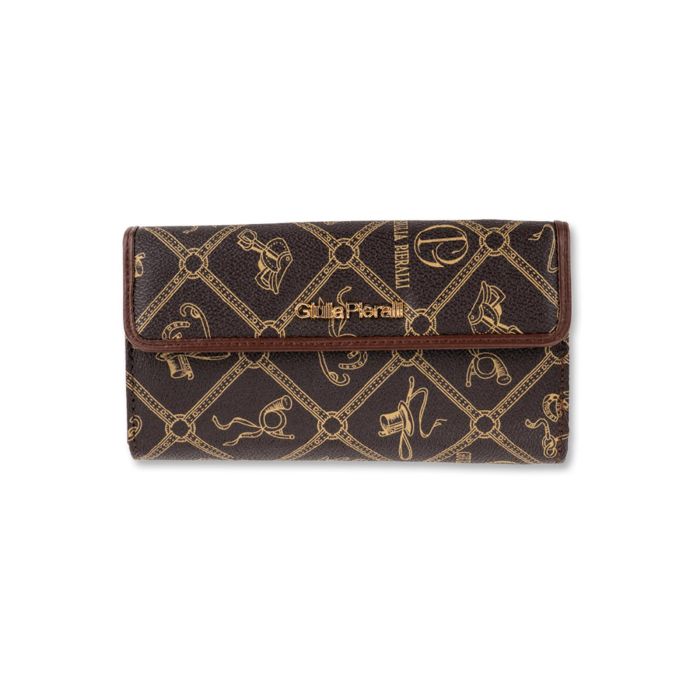 Portafoglio orizzontale marrone da donna con patta e stampa multi logo