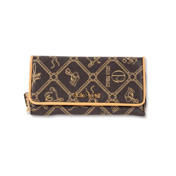 Portafoglio marrone da donna con patta e stampa multi logo