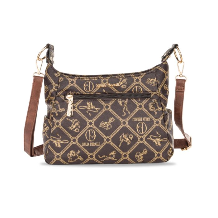 Borsa marrone da donna in stampa multi logo con tracolla in tessuto