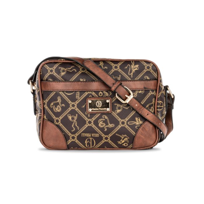 Borsetta marrone da donna con stampa multi logo e tracolla con fibbia