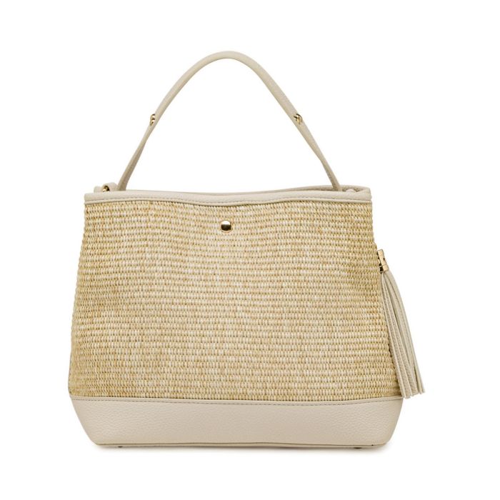 Borsa a mano beige Alesya da donna con maxi inserto effetto rafia