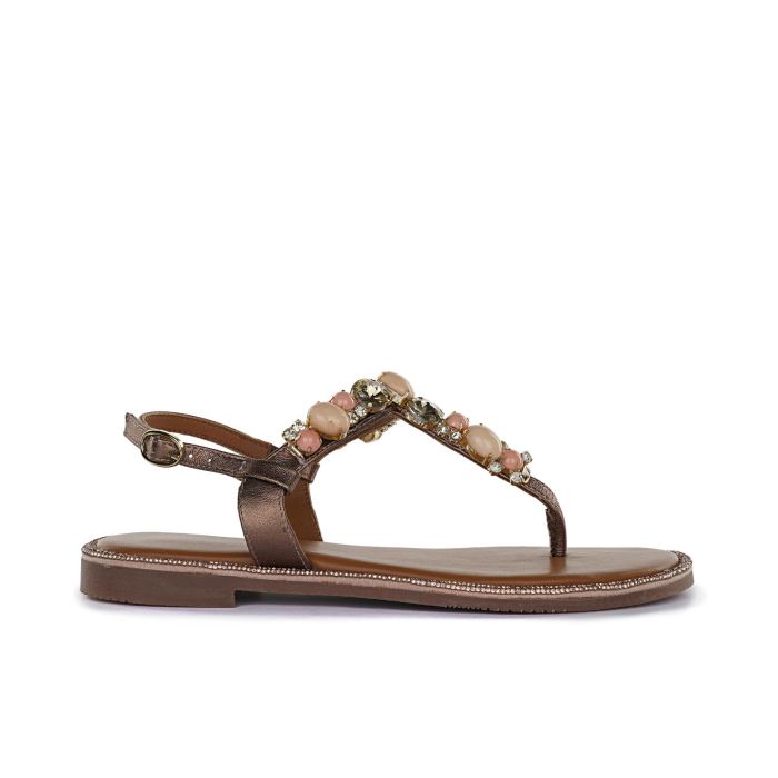 Sandali bassi oro da donna modello infradito in pelle con pietre gioiello