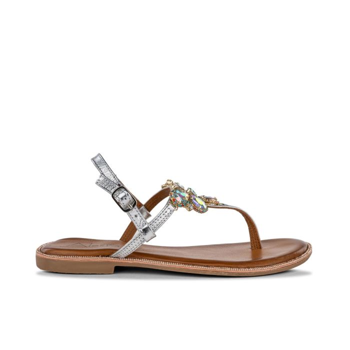 Sandali argento da donna modello infradito in pelle con pietre gioiello
