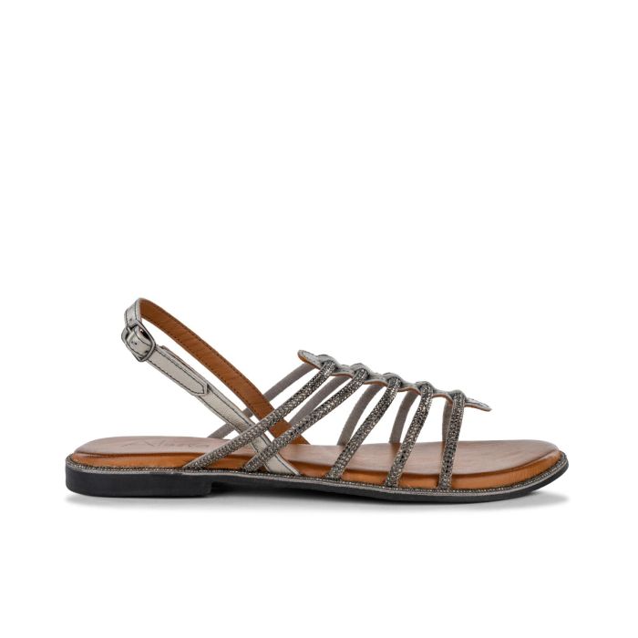 Sandali bassi argento da donna in pelle con cinturini con strass