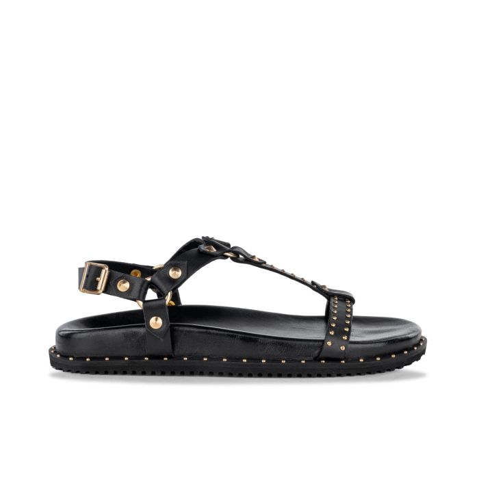 Sandali bassi neri da donna in pelle con borchie