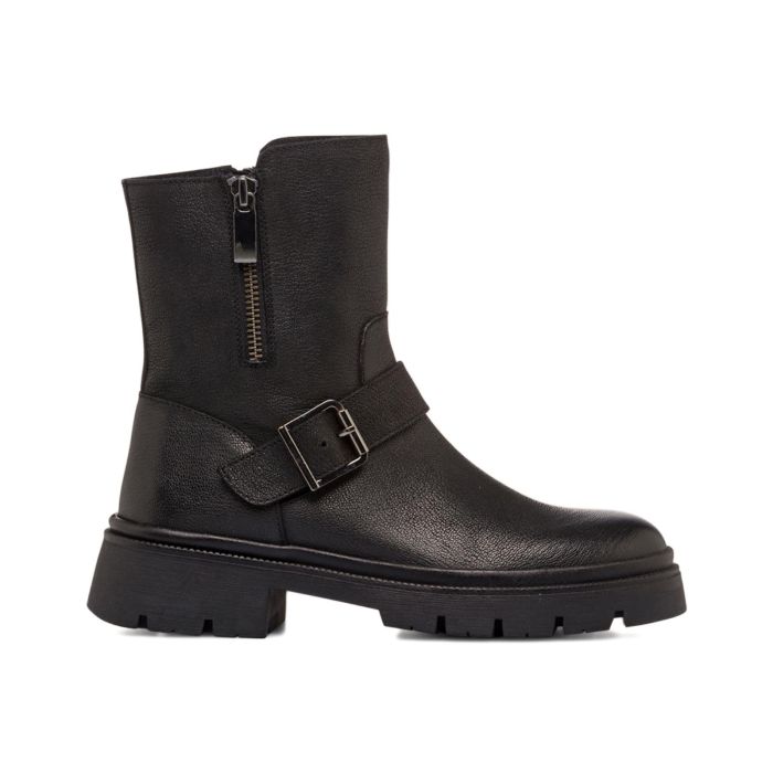 Biker neri bassi in pelle da donna con fibbie