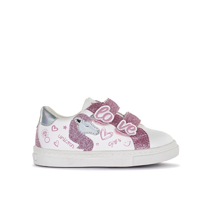 Sneakers bianche con dettagli glitter e unicorno