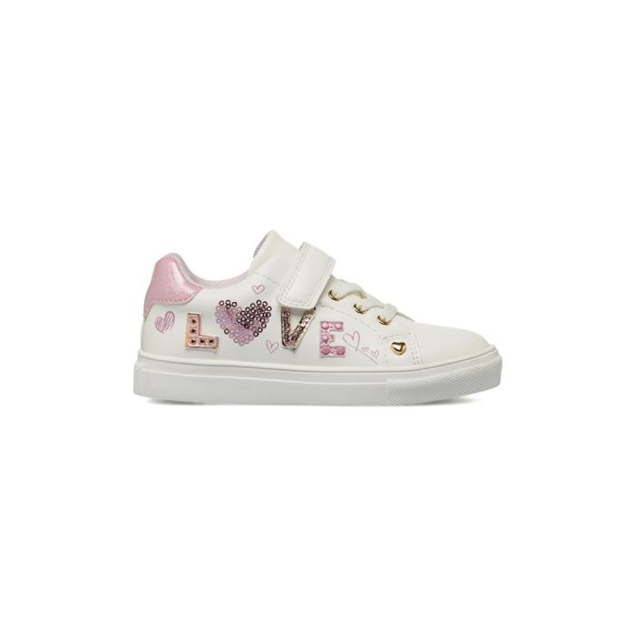 Sneakers bianche Alesya Girl da bambina con scritta con borchie e paillettes