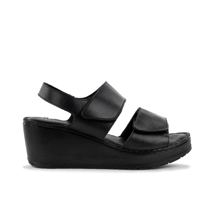 Sandali con zeppa comfort neri in pelle da donna con strappo