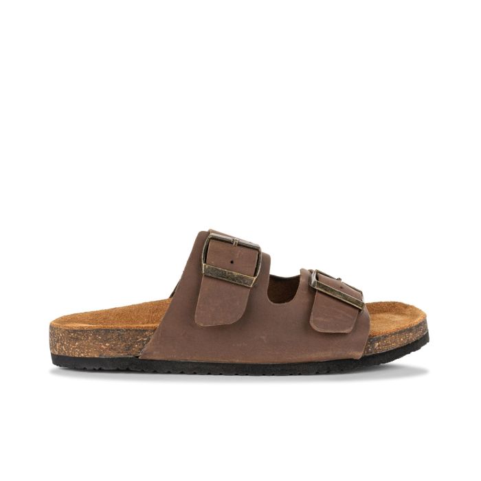 Sandali bassi marroni in pelle da donna con fondo effetto sughero