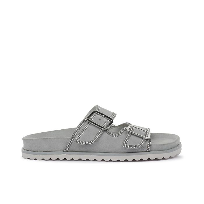 Sandali grigi da donna con doppia fibbia con strass