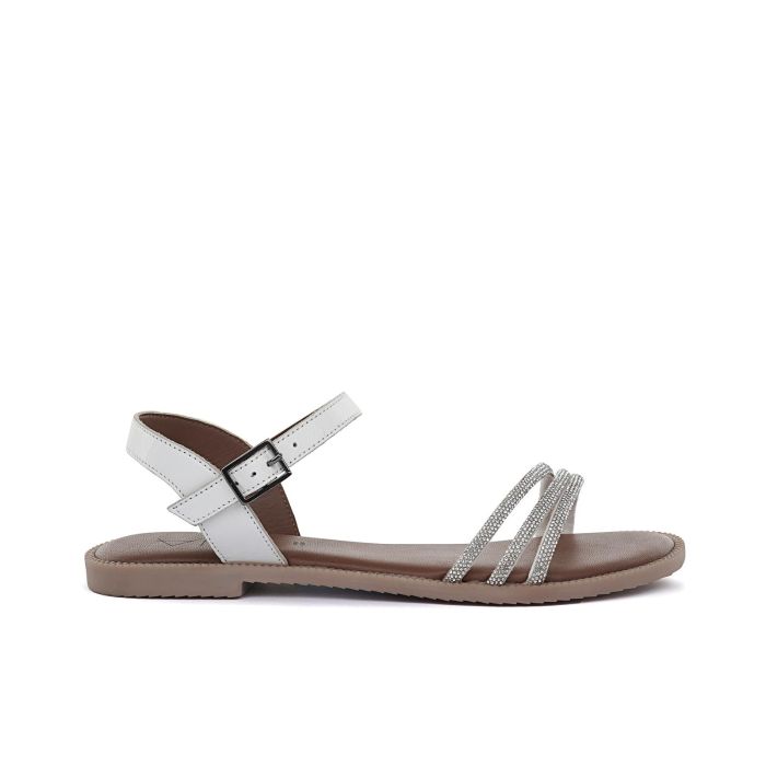 Sandali bassi bianchi da donna con dettaglio strass