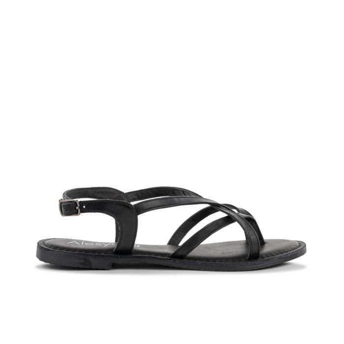 Sandali bassi neri in pelle da donna con cinturino