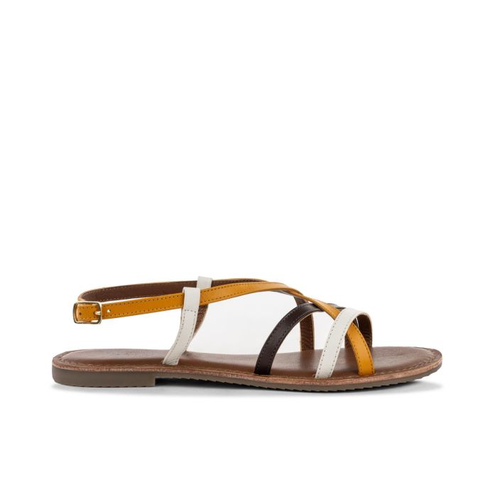 Sandali da donna bassi in pelle marroni e gialli con intreccio