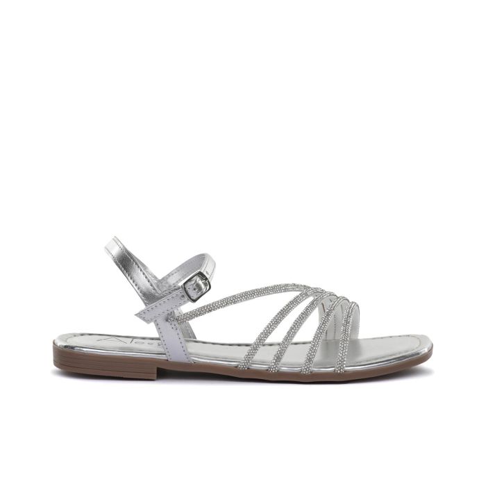 Sandali bassi argento effetto laminato con strass