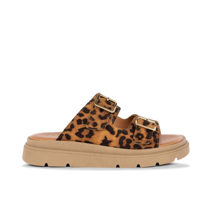 Sandali beige da donna con doppia fibbia stampa animalier e suola platform