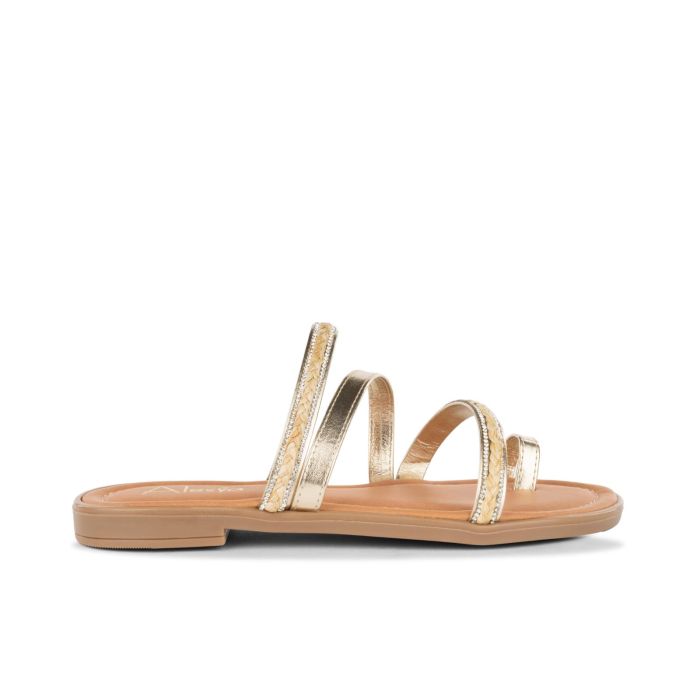 Ciabattine oro da donna modello infradito con dettaglio strass e rafia