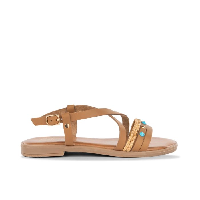 Sandali bassi marroni da donna in pelle con dettaglio rafia