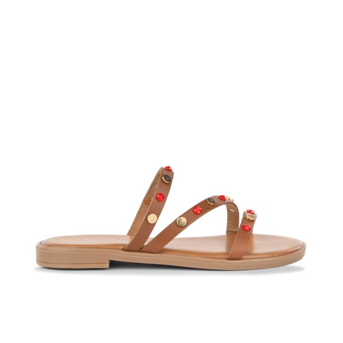 Ciabattine marroni da donna con cinturini con mini borchie